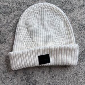 All Saints Cream Knit Beanie with Black Logo Patch